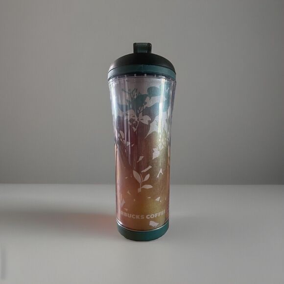 STARBUCKS 2007 GREEN LEAF PRINT INSULATED TALL TUMBLER  HOT OR COLD  16 OZ - Picture 2 of 3